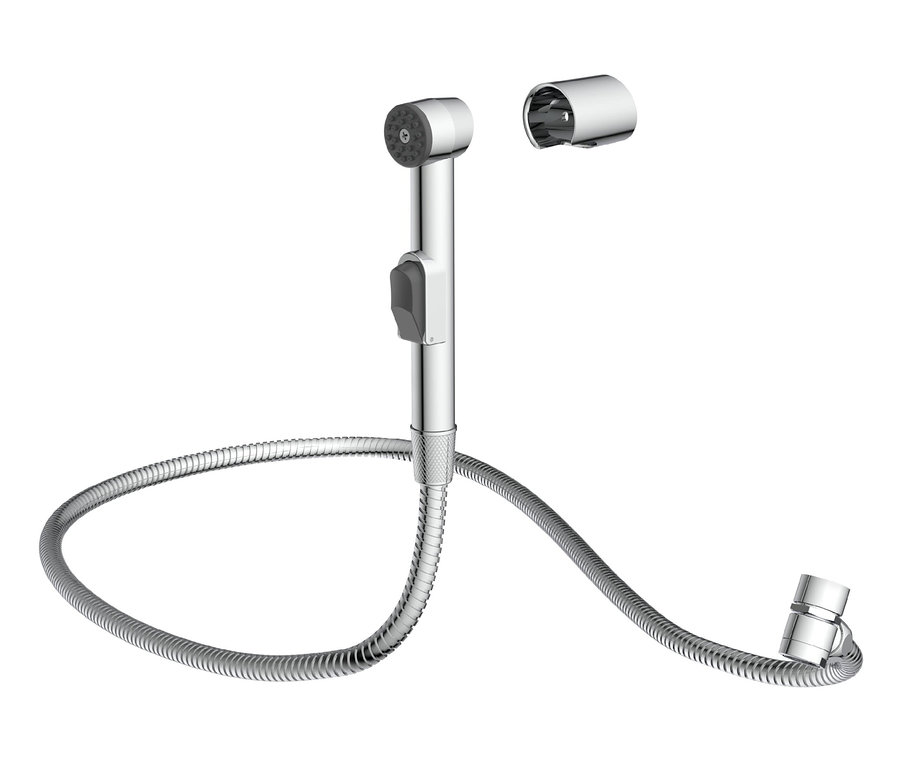 Silberfarbene Bidetbrause mit Schlauch und Halterung.