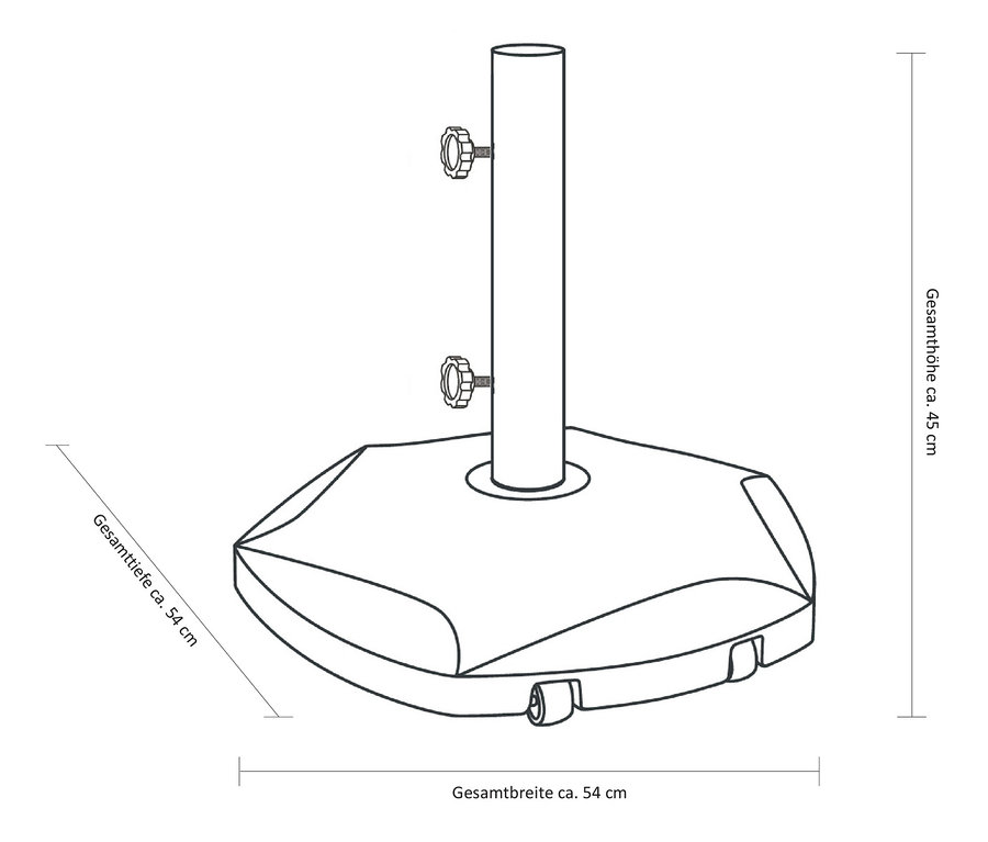 Skizze von LECO Beton-Sonnenschirmständer mit 2 Rollen.