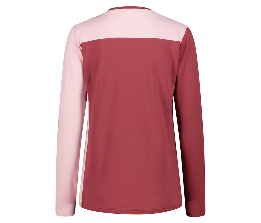 Rückansicht eines zweifarbigen Langarmshirts in Rosa und Rot.