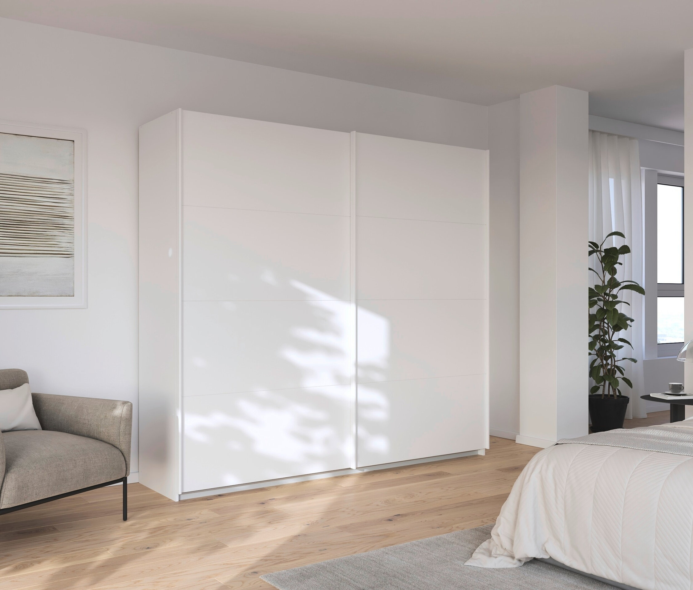 Schlafzimmer Interieur mit weißem Schiebetürenschrank, grauem Sessel und Bett.