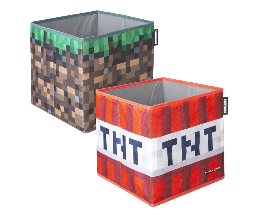 Zwei Minecraft Aufbewahrungsboxen, eine mit Grasblock-Motiv und eine mit TNT-Motiv.