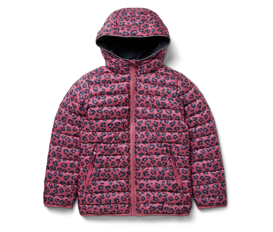 Rosa 2-in-1 Kinder-Softshell- und Steppjacke mit dunkelblauem Tiermuster.