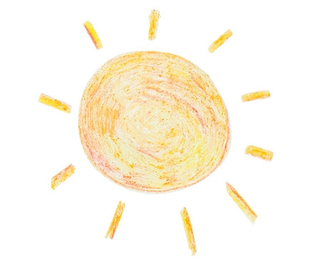 Eine gelbe Sonne, gezeichnet mit 6 Konfetti-Wachsstiften, oben links auf weißem Hintergrund.