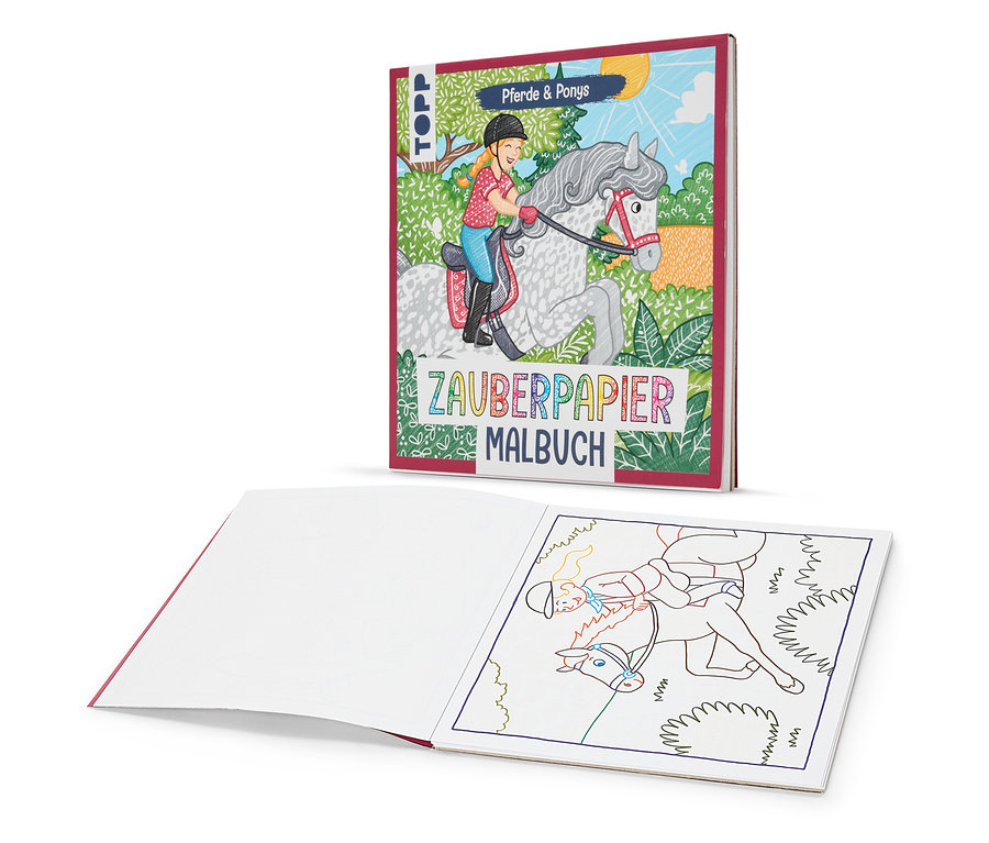 Illustration von zwei Büchern mit Bildern von Pferden und Reitern.