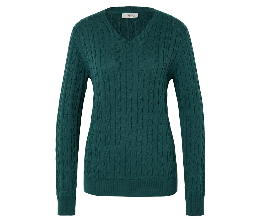 Petrolfarbener Zopfstrickpullover mit V-Ausschnitt.