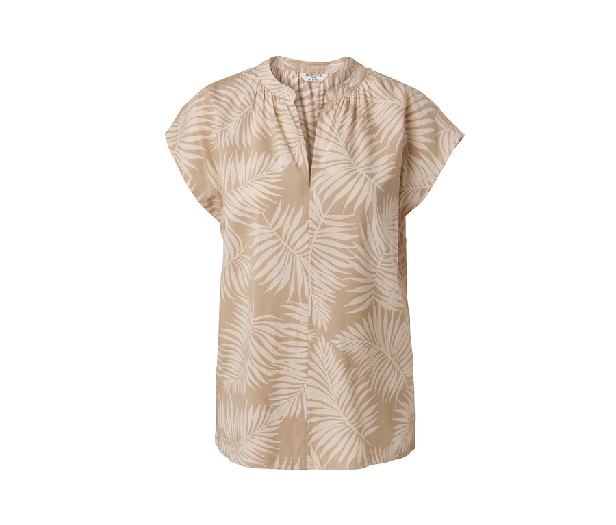 Beige, bedruckte Kurzarmbluse mit Blättern.