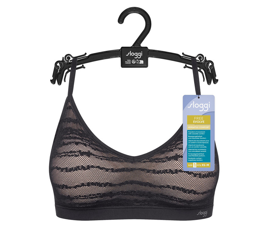 Ein schwarzer Sloggi Spitzen-BH hängt an einem schwarzen Bügel.