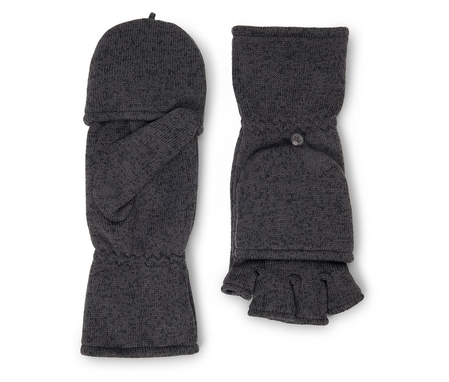 Zwei graue Strickhandschuhe ohne Finger mit umklappbarem Oberteil.
