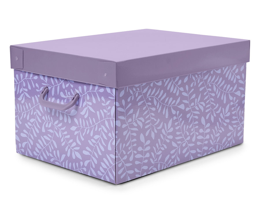 Lilafarbene Kiste mit Deckel und weißem Pflanzenmuster.