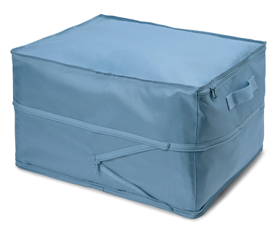 Ein hellblauer Stoffaufbewahrungsbehälter mit Reißverschluss.