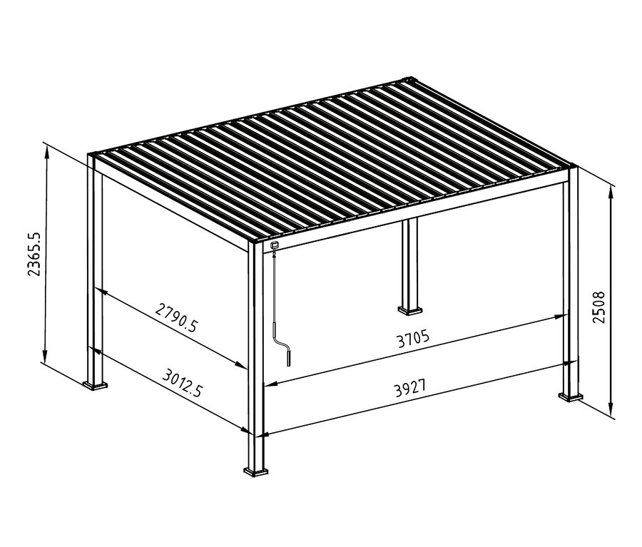 Abmessungen der anthrazitfarbenen Leco Premium Pergola, 3 x 4 m, inkl. 2 Seitenwänden.