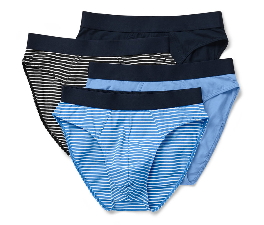 Vier Slips: ein blau-weiß gestreifter, ein schwarz-weiß gestreifter, ein hellblauer und ein dunkelblauer.