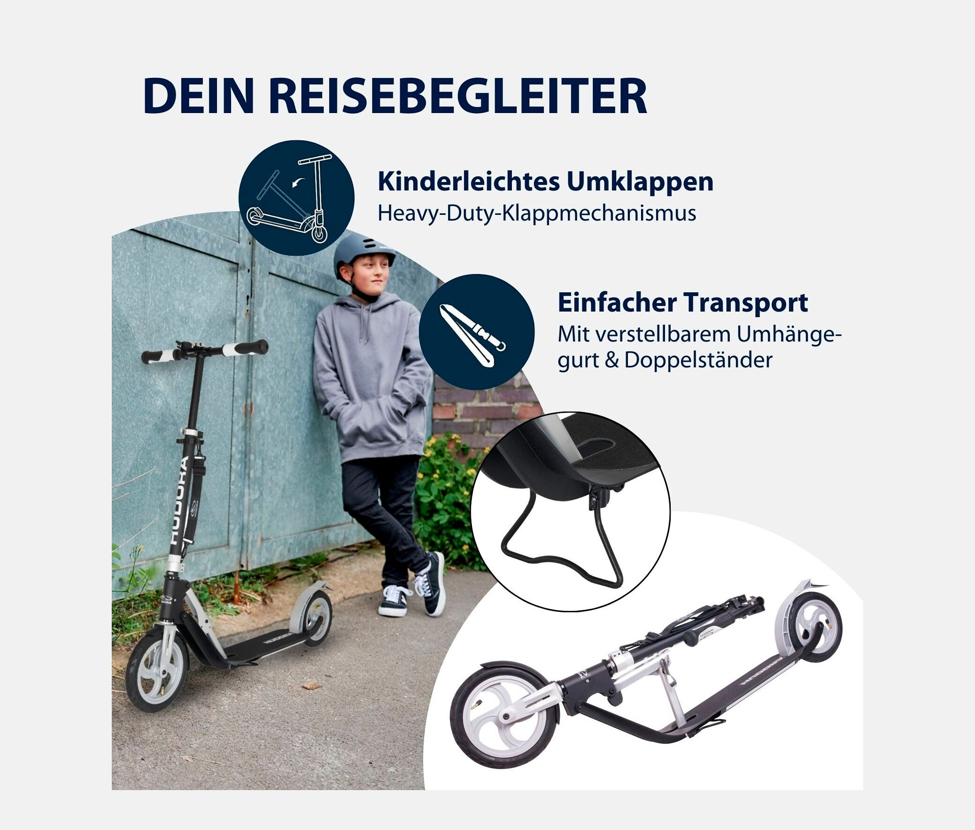 Ein Junge in grauem Hoodie und Helm steht neben einem HUDORA BigWheel® Air 230 Scooter.