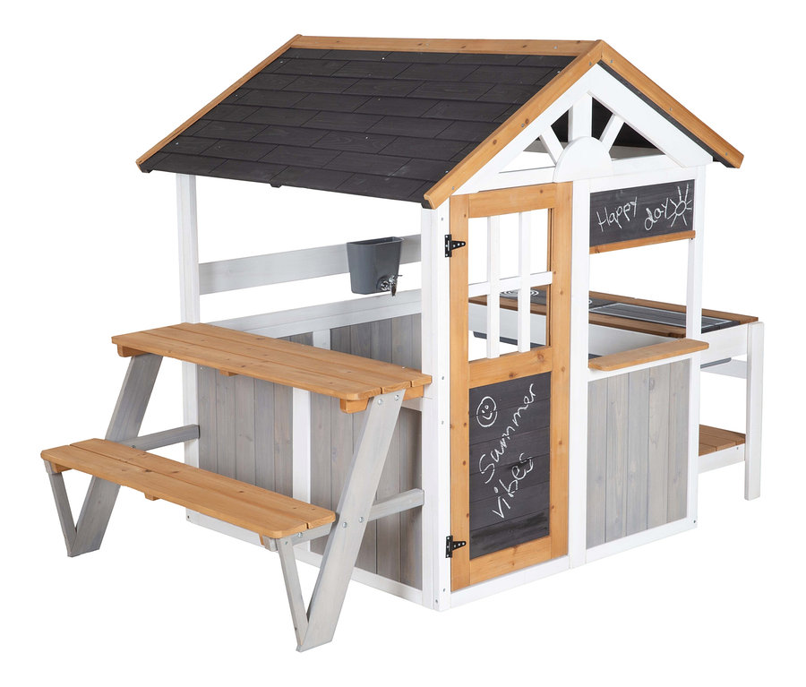 roba Garten-Spielhaus mit schwarzem Dach, Tisch und Bank.