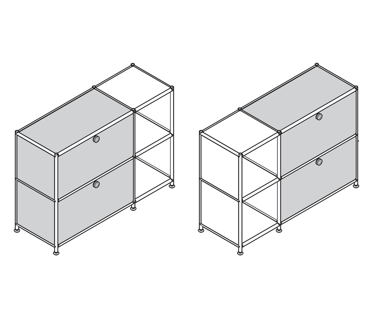 Zwei Sideboards Metall »CN3« mit je 2 Klappenfächern, eines in grau und eines in weiß.