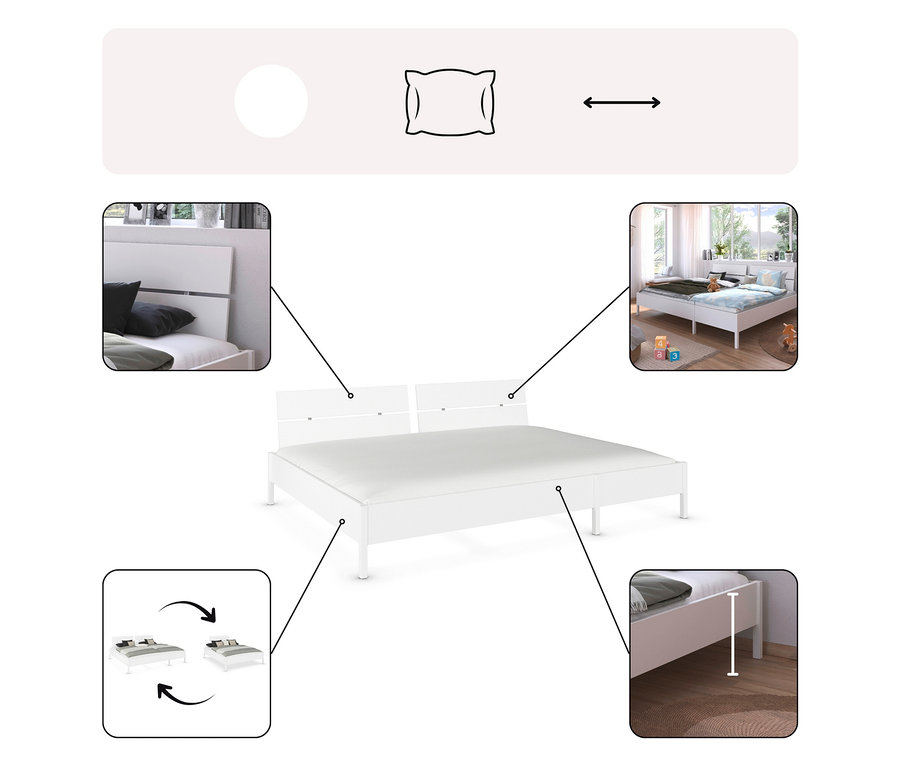 Das Bild zeigt ein weißes rauch Familienbett »Mare« mit einer Breite von 240 cm, das auf 160 cm umbaubar ist.