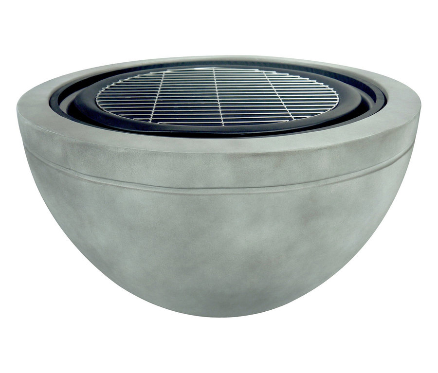Halbkugelförmiger, grauer Grill mit einem schwarzen Rand und einem Grillrost aus Metall.
