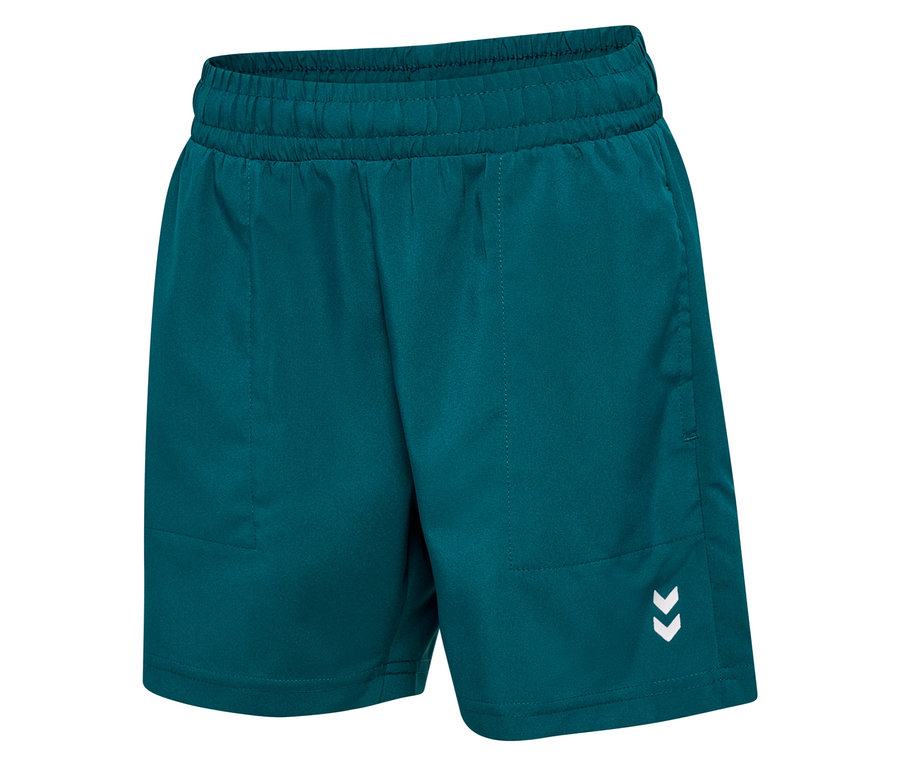 Nahaufnahme einer türkisfarbenen Shorts mit Gummibund und weißem Winkel-Logo auf dem rechten Bein.