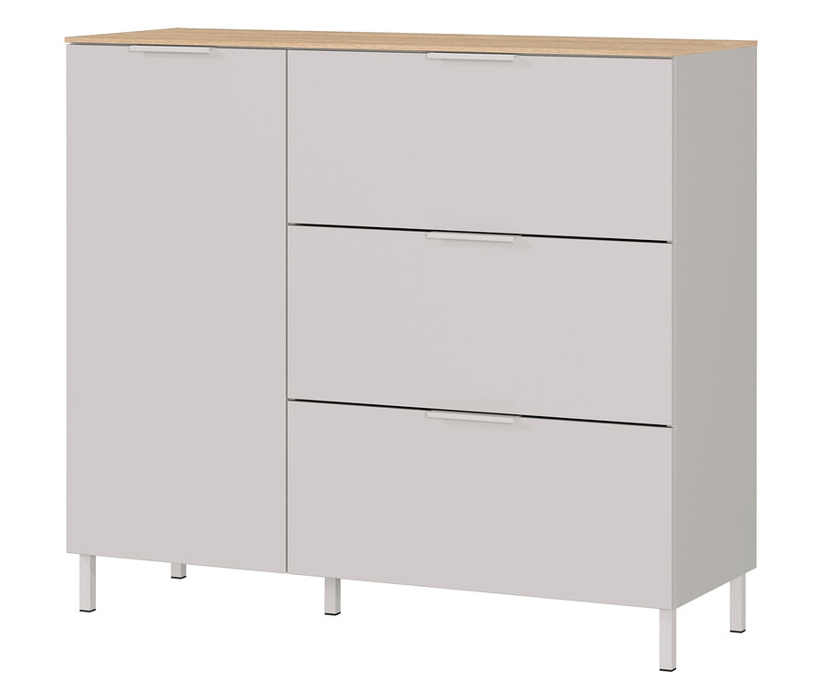 Kommode »Savoca« in Kaschmir/Eiche mit einer Tür links und drei Schubladen rechts.