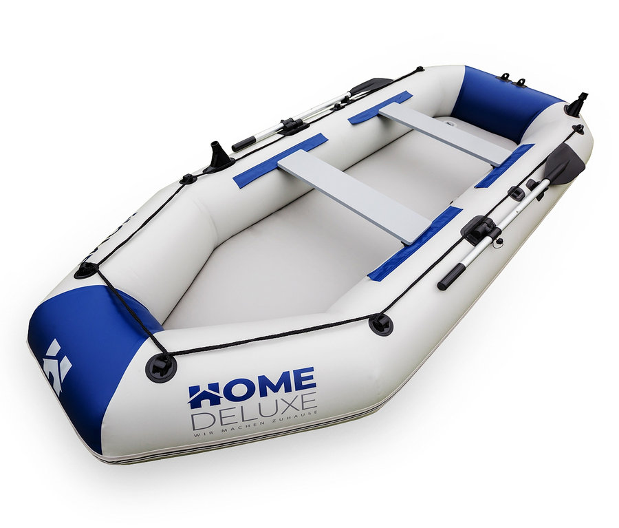 Home-Deluxe-Schlauchboot »PIKE Sport S« mit Motor auf weißem Hintergrund.