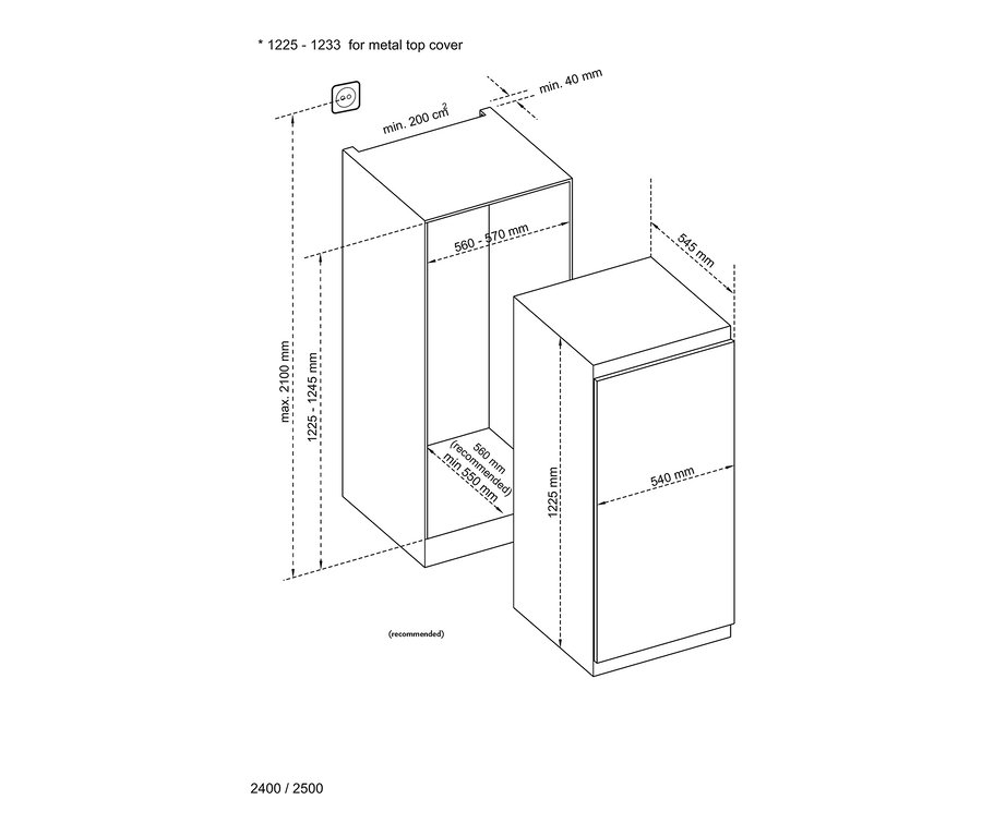 Diagramm der technischen Zeichnungen des Respekta Einbaukühlschranks mit Gefrierfach »KS122.4« mit Abmessungen.