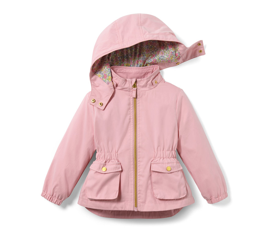 Rosa Kleinkind-Parka mit Blumenmuster-Kapuzenfutter und goldenem Reißverschluss.