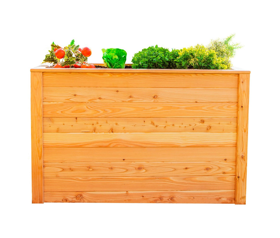 Hochbeet aus Lärche, 130 cm, bepflanzt mit Tomaten und Gemüse.