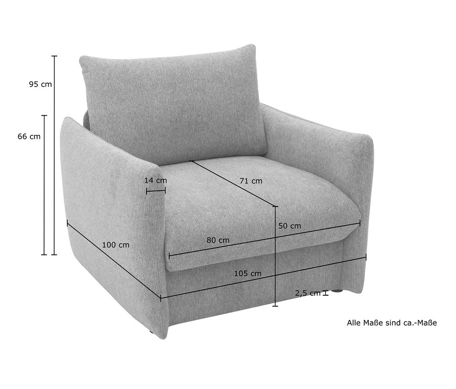 Maße des grauen DOMO collection Schlafsofas 1-Sitzer »Helsinki« werden mit Linien und Zahlen dargestellt.