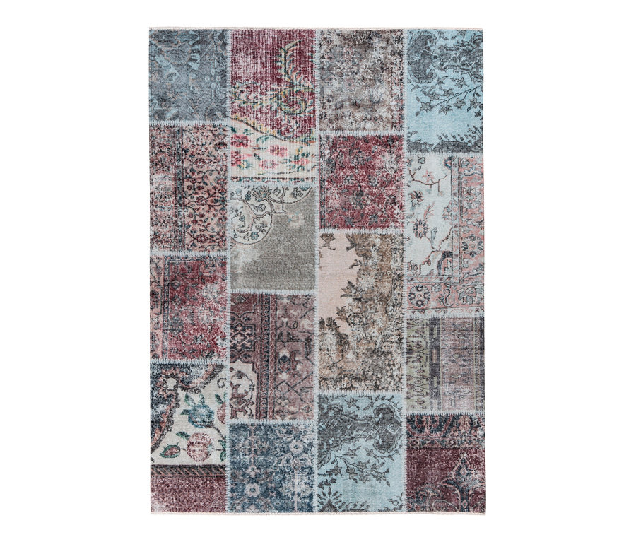 Kayoom Flachflorteppich »Toska 225« Teppich mit Patchworkmuster in Blau-, Rot- und Grautönen.