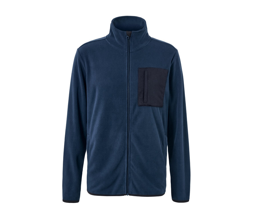 Eine blaue Fleece-Jacke mit Reißverschluss und Tasche.