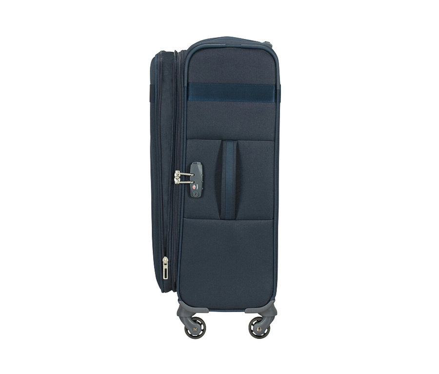 Detailansicht eines marineblauen Samsonite CITYBEAT SPINNER Trolleys, mittel.