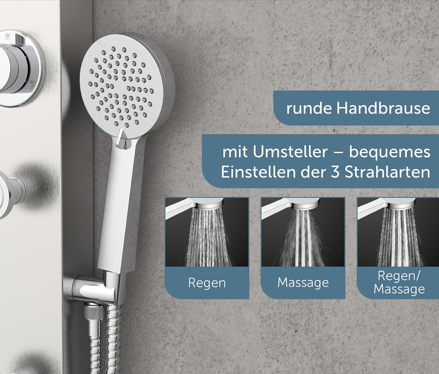 Detail eines SCHÜTTE Edelstahl-Duschpaneels »Sansibar« mit Handbrause und verschiedenen Strahlarten.