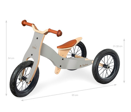 Nahaufnahme des grauen Pinolino Laufdreirads Oskar mit braunem Sitz und Lenker.