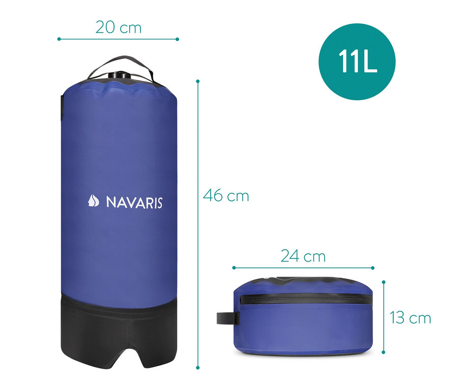 Abmessungen der blauen Navaris Campingdusche mit schwarzem Sockel und Pumpe.