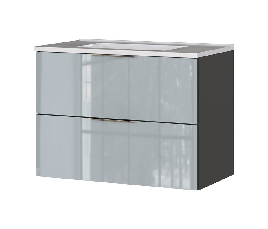 Badezimmer-Waschtischunterschrank »Vasio« mit zwei Schubladen und Waschbecken oben drauf.