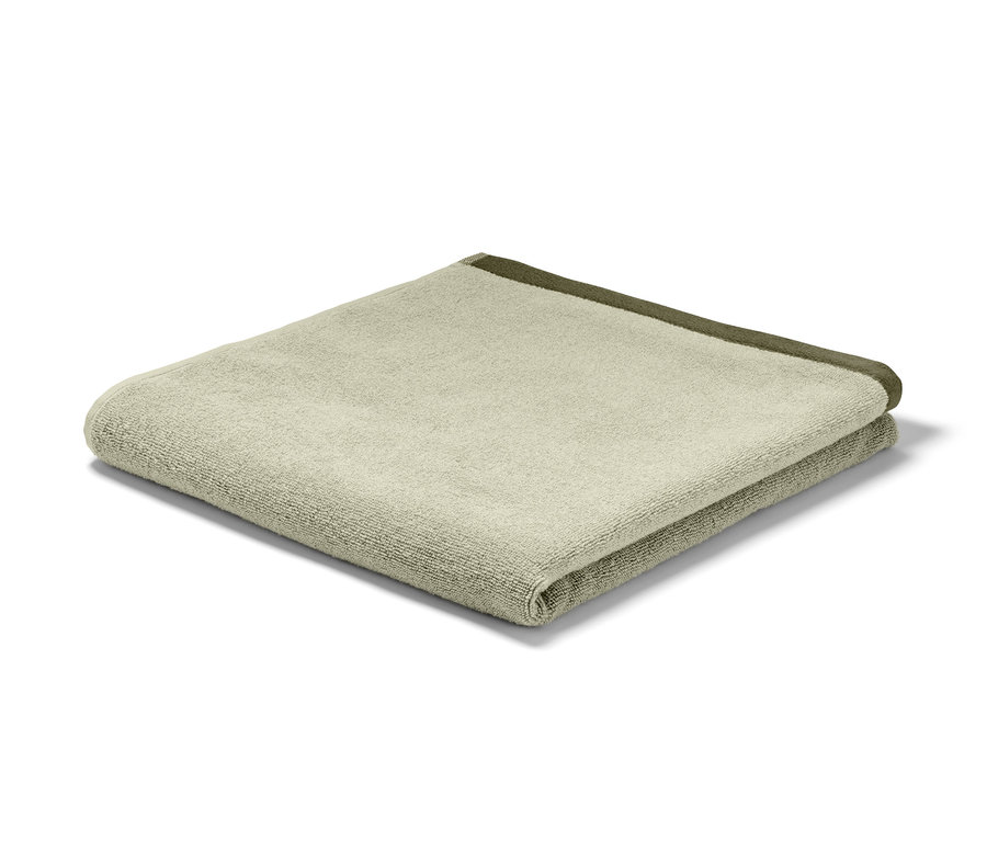 Gefaltetes hochwertiges Jacquard-Badetuch, sandgrün-moosgrün.