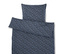 Bettwäsche mit Blumenmuster in Blau und Schwarz.