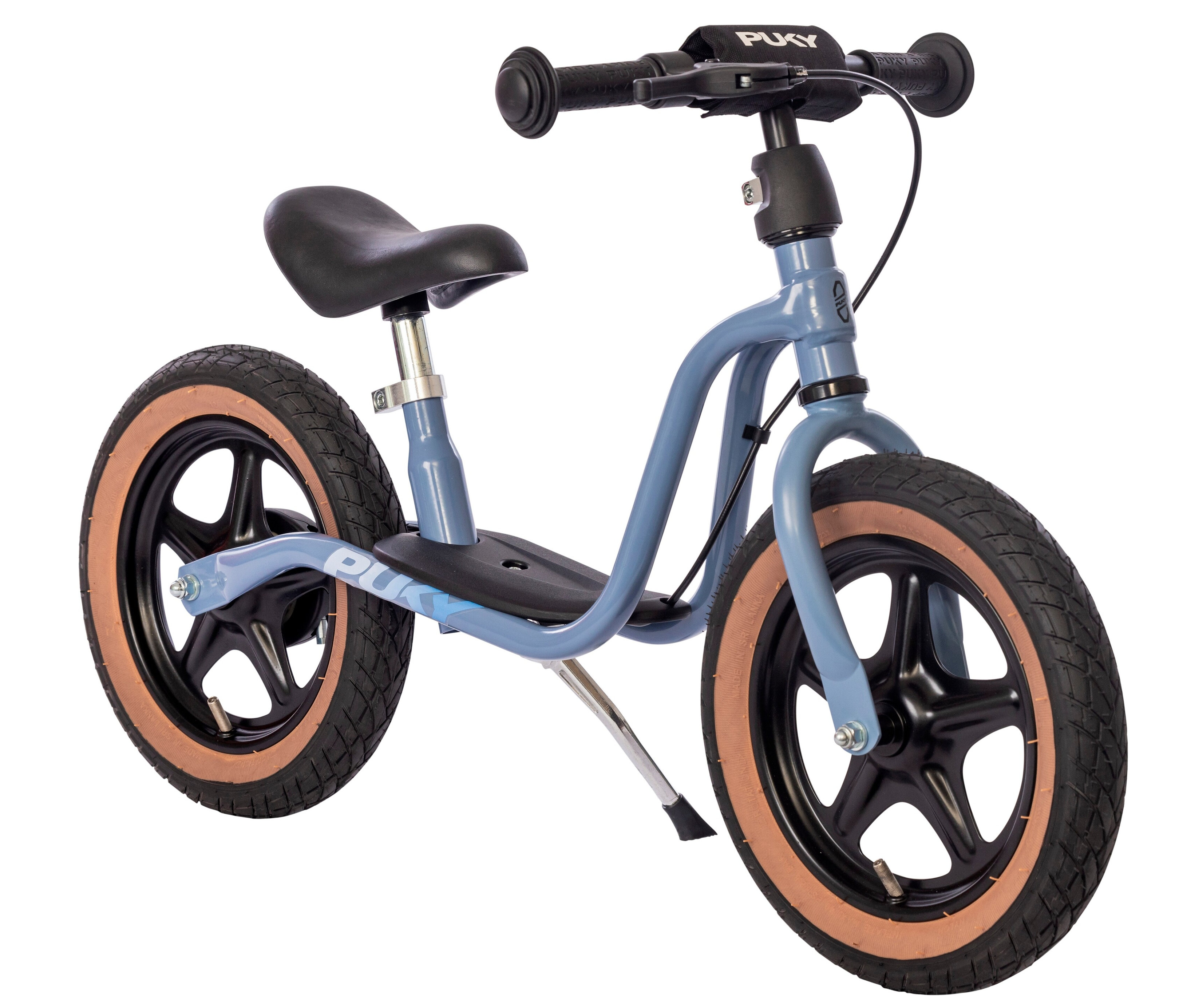 Blaues PUKY Laufrad LR 1L BR mit braunen Reifen.