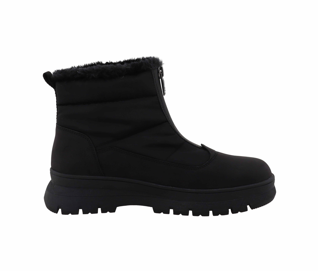 Schwarzer Winterstiefel mit Reißverschluss und Fellfutter.