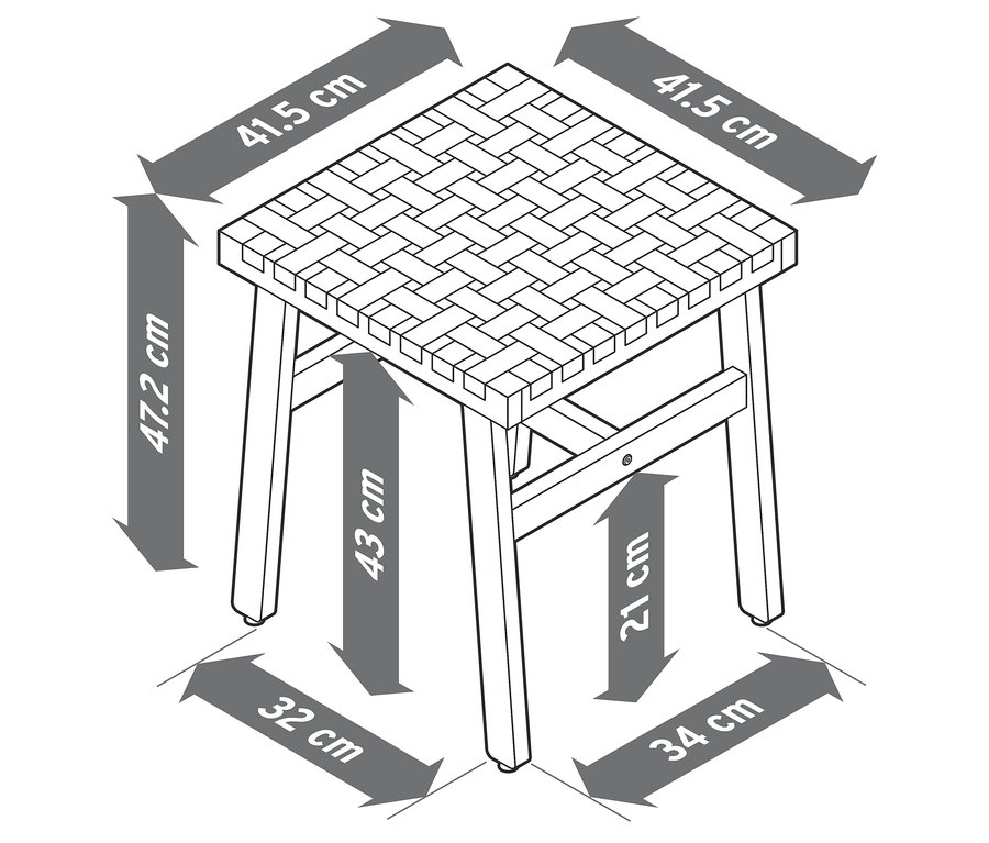 Illustration eines Hockers mit Geflecht und Abmessungen.