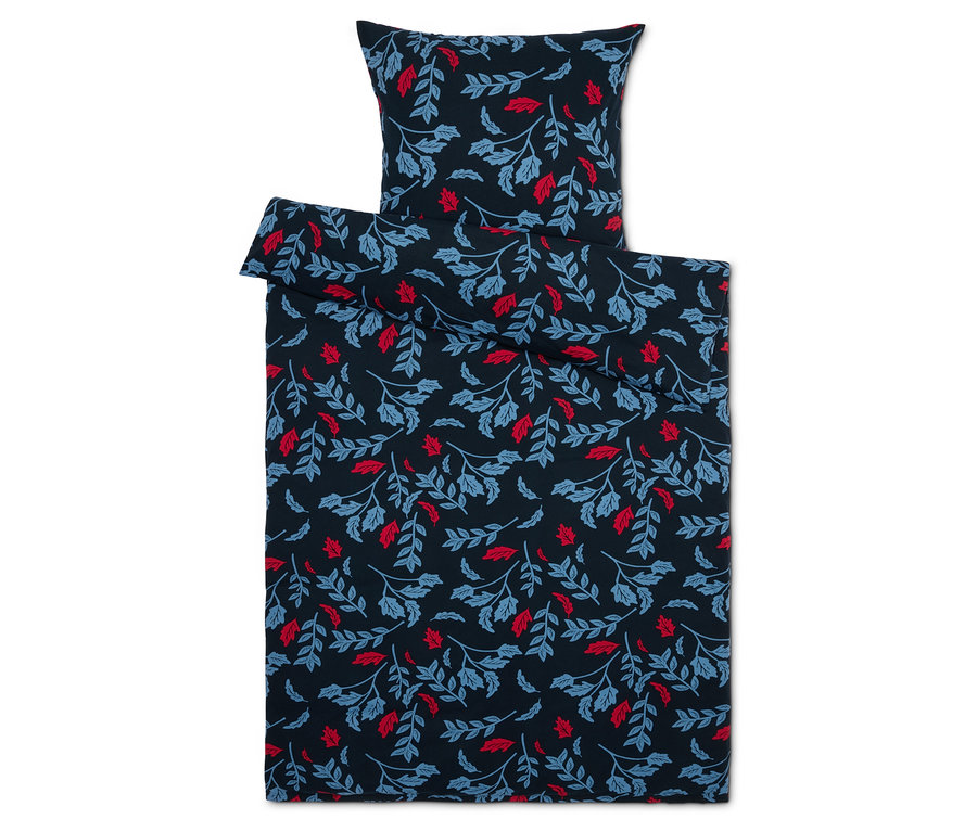 Bettwäsche mit blauen und roten Blättern auf dunkelblauem Hintergrund.