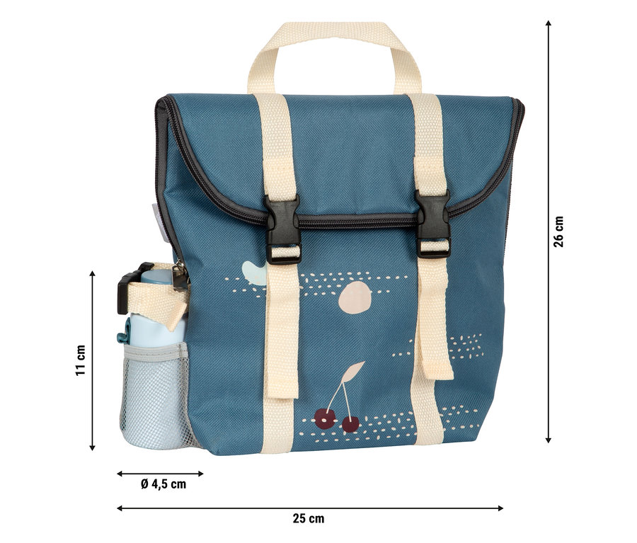 Blauer Rucksack mit Kirschen und weißen Trägern.