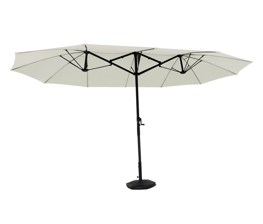 Beiger LECO Doppel-Sonnenschirm mit LED-Beleuchtung, oval, ca. 270 x 460 cm.