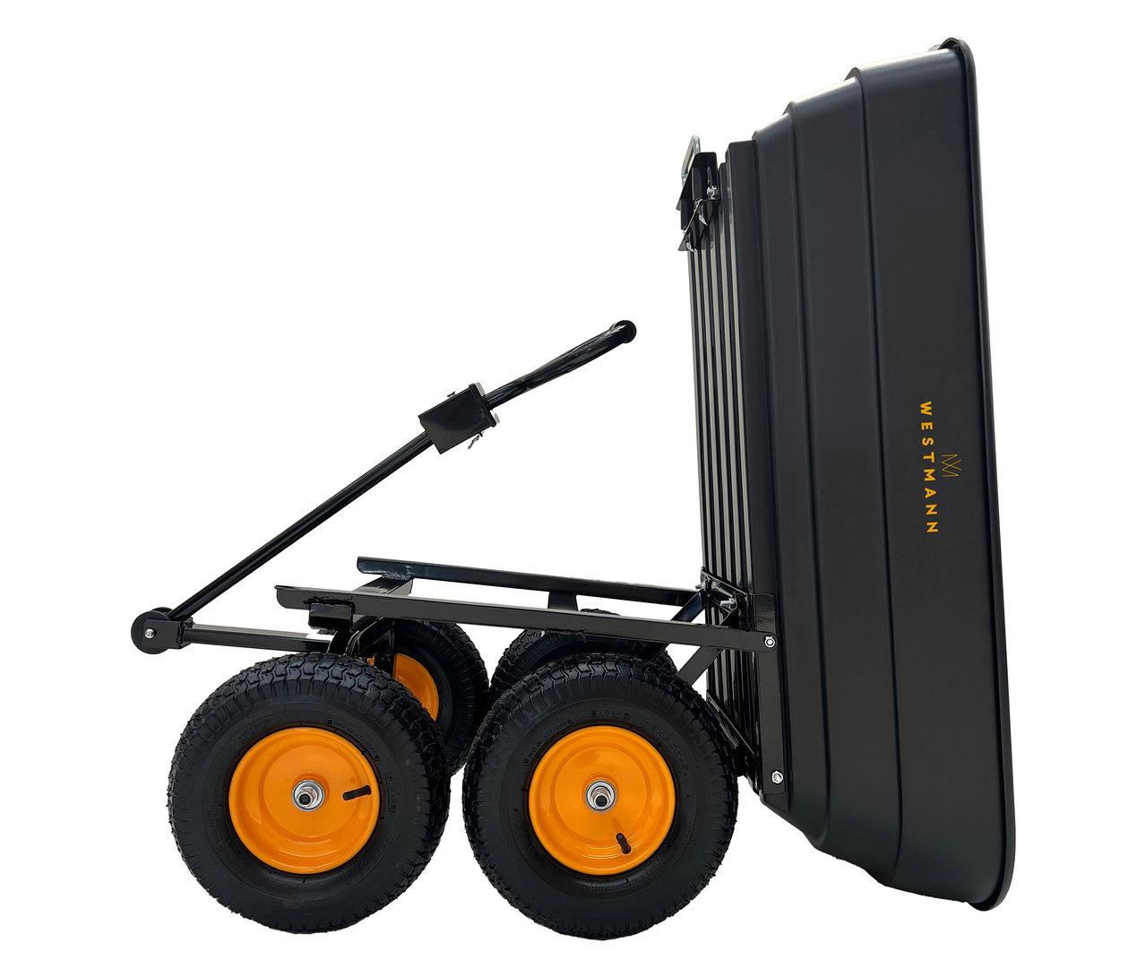 Schwarzer Bollerwagen von Westmann mit vier Rädern mit orangefarbenen Felgen und einem Griff.