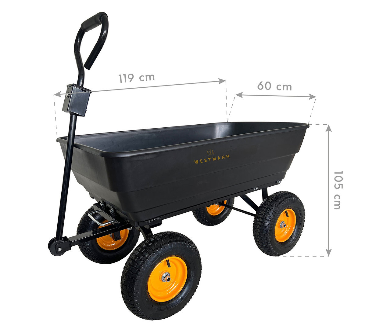 Schwarzer Bollerwagen mit orangen Rädern und Maßangaben.