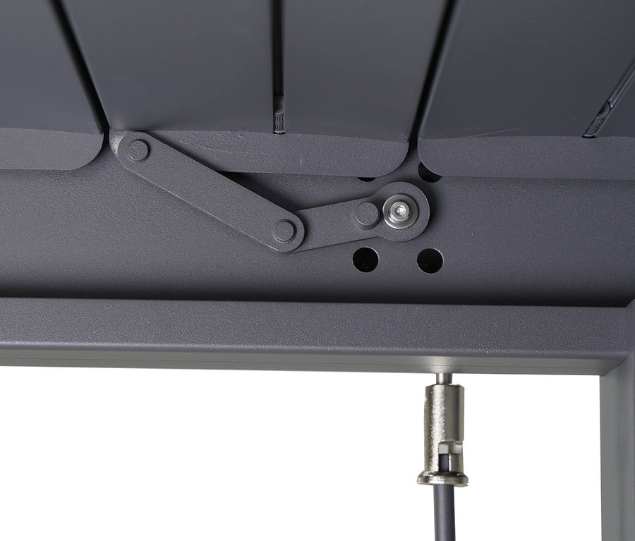 Detail einer anthrazitfarbenen Leco Premium Pergola, 3 x 4 m, inklusive 2 Seitenwänden.