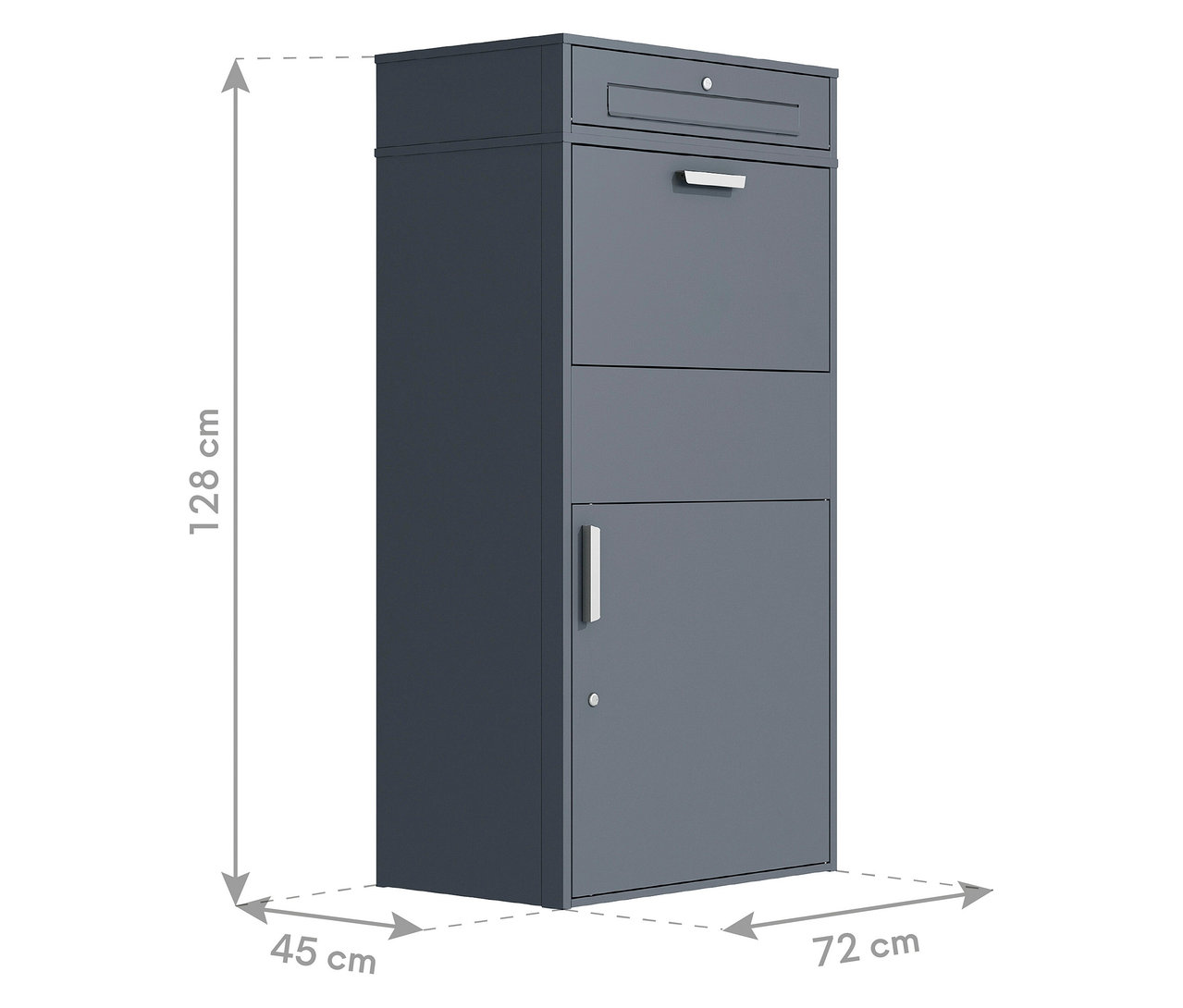 Graue Paketbox XXL mit Schublade, Einwurfklappe und Tür, umgeben von Maßangaben.