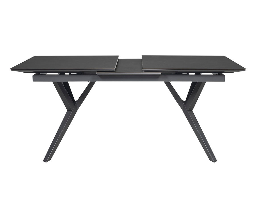 Ein schwarzer Esstisch mit einer ausziehbaren Platte in der Mitte steht vor einem weißen Hintergrund.