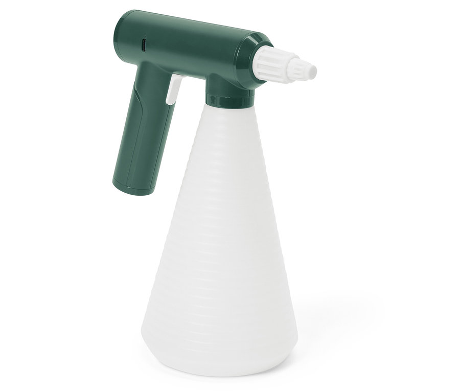 Grüne Sprühflasche mit weißem Behälter.