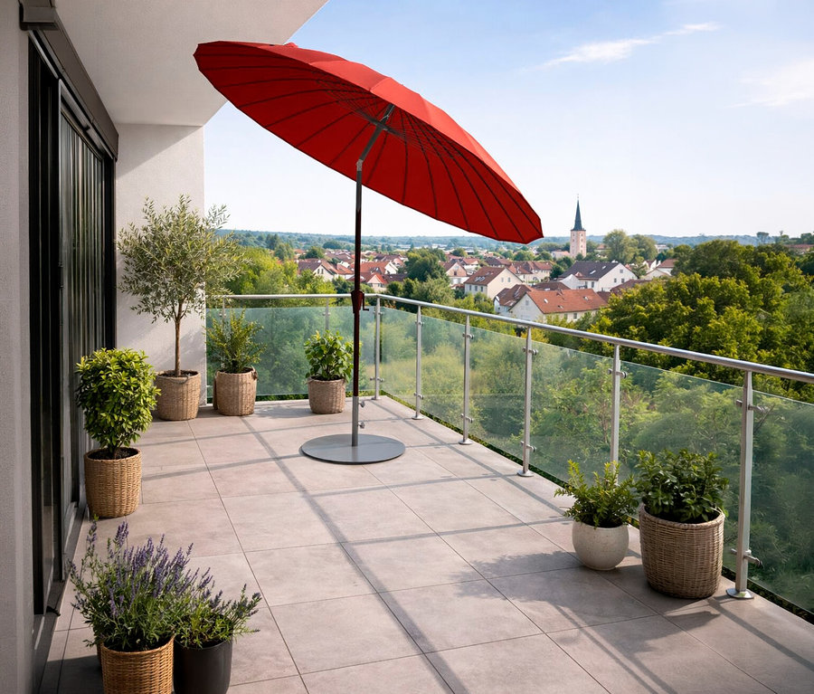 Auf einem Balkon steht ein roter Leco Shanghai Sonnenschirm mit Ø 270 cm neben mehreren Pflanzen in Töpfen.